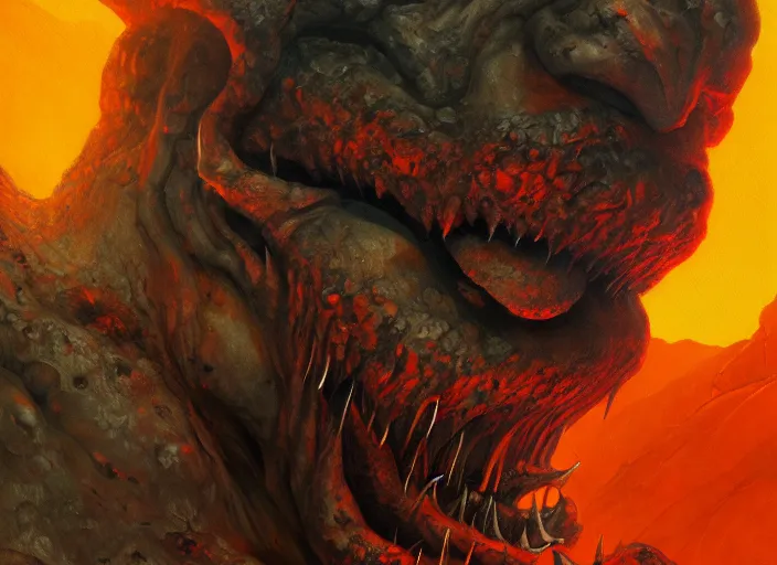 Prompt: close up portrait of a monster in the mountains of hell, oil painting by tomasz jedruszek, cinematic lighting, pen and ink, intricate line, hd, 4 k, million of likes, trending on artstation