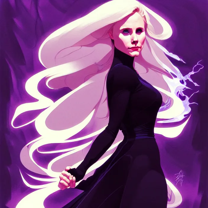 Prompt: style artgerm, joshua middleton, dean cornwell, beautiful kristen bell with black dress, very long white hair, symmetrical face, symmetrical eyes, purple fire powers fire swirling, detailed, forest setting, cinematic lighting