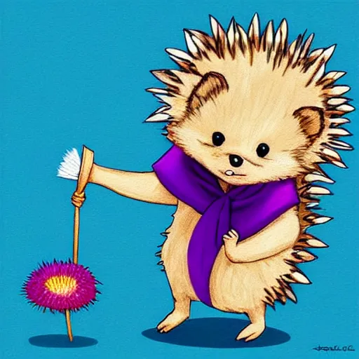 Image similar to adorable hedgehog in a kimono, holding a purple dandelion, art, digital art