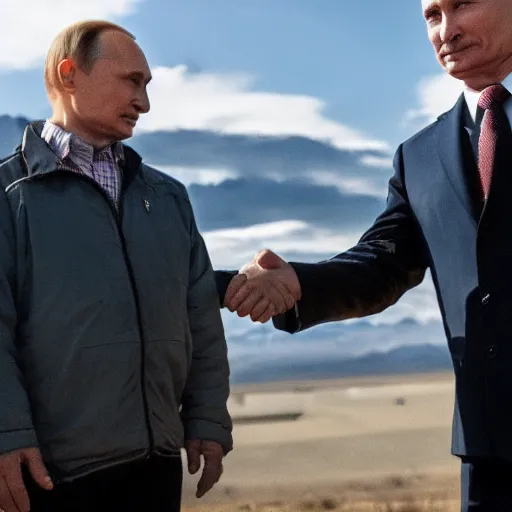 Image similar to Vladimir Putin shaking hands with Walter White, 8k, cinematic, depth of field, dslr,