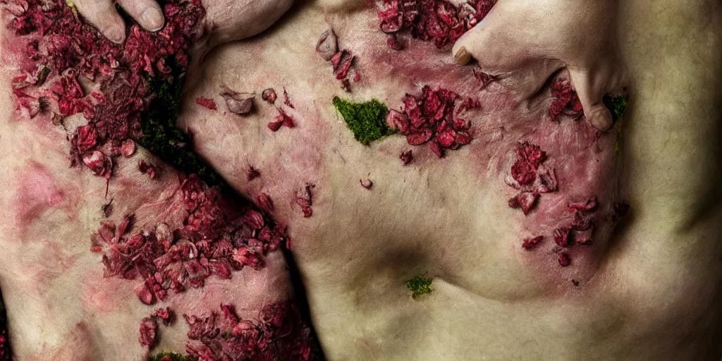 Image similar to details of moss growing on flesh and skin, meat, petals flower texture details, painitng, wrinkles and muscle tissues, stab wound, oil on canvas, 4k, 8K, photorealistic, soft light, cinematic lighting, sharp, contrasting, dramatic light