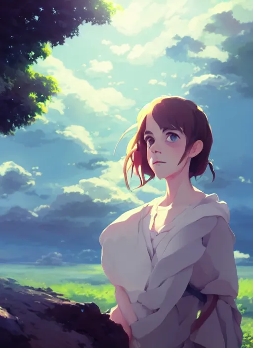 Image similar to portrait of a emma watson, cloudy sky background lush landscape illustration concept art anime key visual trending pixiv fanbox by wlop and greg rutkowski and makoto shinkai and studio ghibli