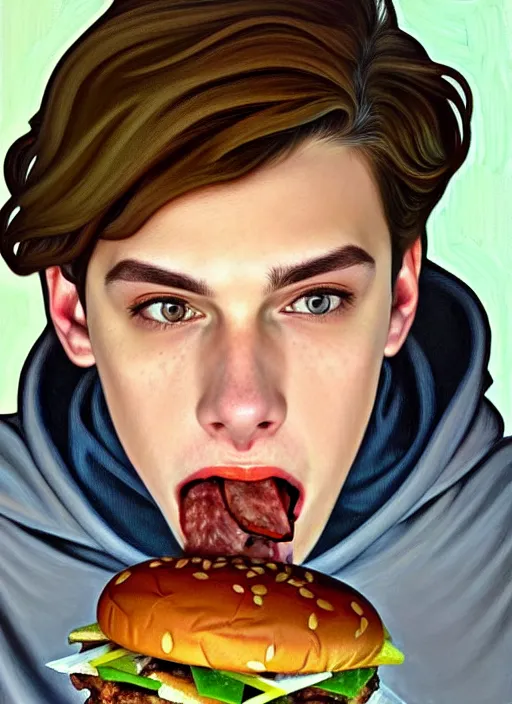 Image similar to oil painting, teenage jughead jones, wears a light grey crown, and devours a hamburger, intricate, elegant, highly detailed, pinocchio nose, lighting, painting, artstation, smooth, illustration, art by greg rutowski and alphonse mucha