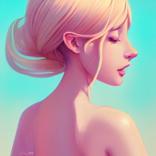 Image similar to happy adult female in sundress, summer dress, pastel light pink very long hair, muted colors, matte print, pastel colors, ornate, digital art, digital painting, fan art, elegant, artstation, head is centered, by Ilya Kuvshinov