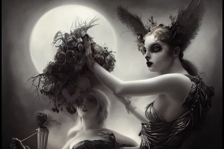 Image similar to By Tom Bagshaw, ultra realist soft painting of curiosities carnival by night, very beautiful horn single female gothic wearing corset sleeping on a overlord of the dead bed, symmetry features, very intricate details, omnious sky, black and white, volumetric light clouds