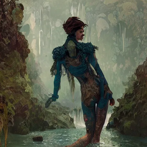 Prompt: a full body portrait of a beautiful teen post apocalyptic offworld neoicelandic biofarmer swimming by the waterfalls, intricate, elegant, highly detailed, digital painting, artstation, concept art, smooth, sharp focus, illustration, art by krenz cushart and artem demura and alphonse mucha