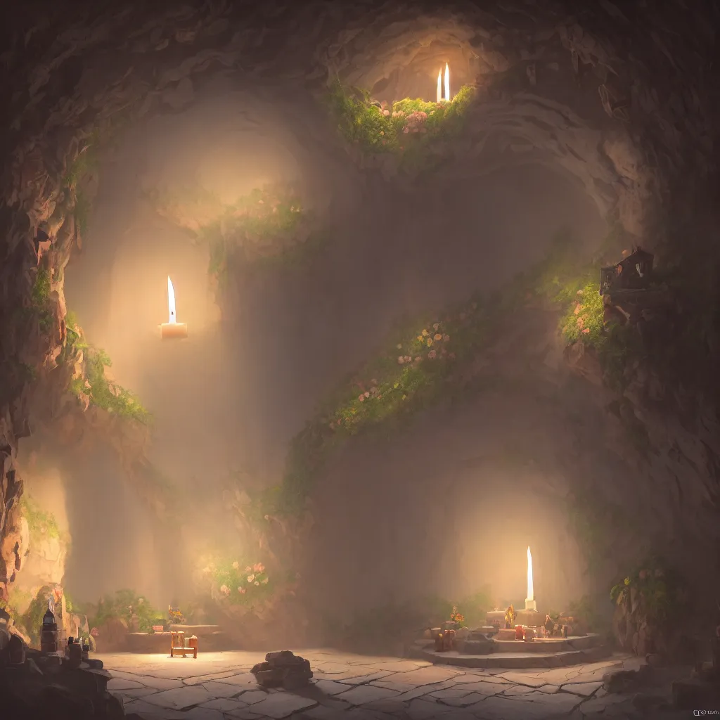 Prompt: ground floor of secret overwatch common area carved inside a cave, doors to various living quarters, magical, natural light, huge central tree, flowers, candle light, cinematic lighting, clean lines, cozy, fantasy, minimalist architecture, sharp focus, concept art, octane render 4 k, artstation, by greg rutkowski