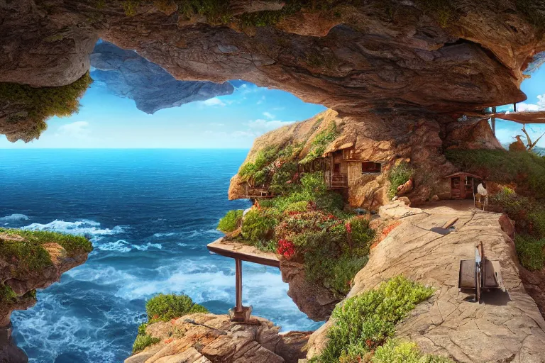 Image similar to lovely a - frame home sits atop a broad cliff | overlooking the entirety of the blue sky | digital painting by greg rutkowski and gaston bussiere | zbrush | cgsociety contest winner | comprehensive art | intricate | landscape photography | brightly radiant atmosphere | overcast sky | homogeneous to hawaii | 4 k | 8 k