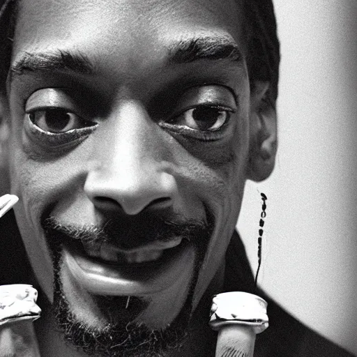 Image similar to Snoop Dog with big eyes eye color red , smiling and holding a joint in his hand