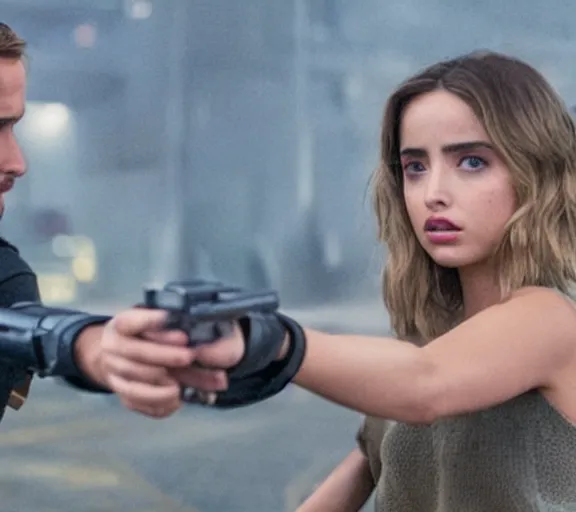 Image similar to a movie still of ana de armas aiming a gun with ryan gosling in the movie blade runner 2 0 4 9