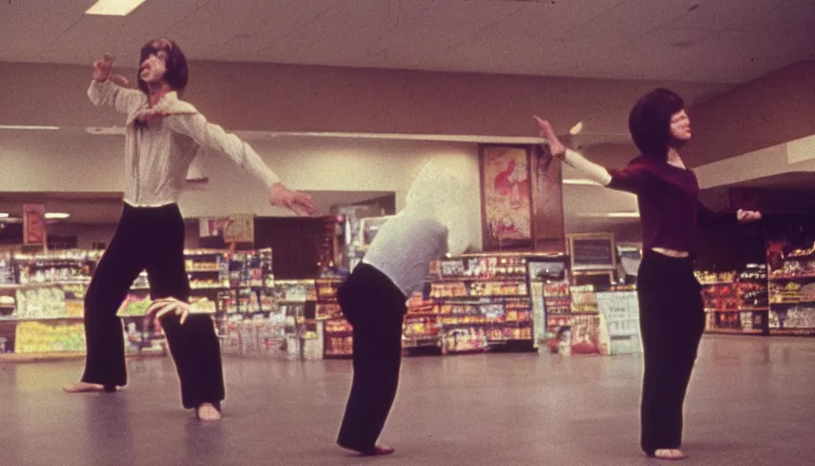 Image similar to 7 0 s film still from a horror movie featuring a person practicing qi gong in the middle of a grocery store, kodachrome, cinecolor, cinestill, photorealism, cinematic, film grain, film texture, vhs recording