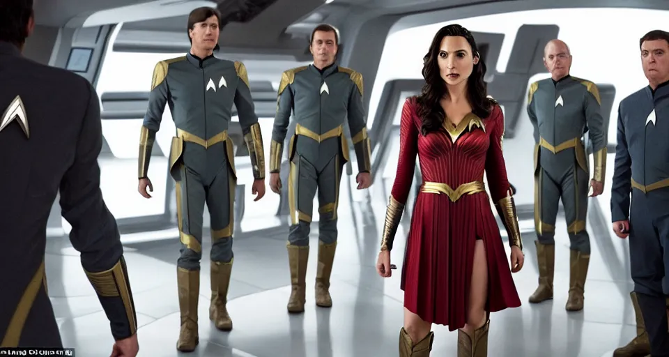 Image similar to Gal Gadot, in full starfleet uniform, is the captain of the starship Enterprise in the new Star Trek movie