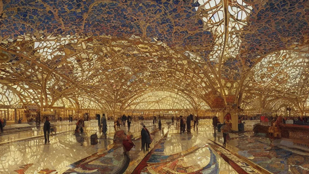 Prompt: a beautiful painting of an ornate airport designed by frank lloyd wright, with gold and mosaics, intricate, elegant, highly detailed, digital painting, artstation, concept art, by krenz cushart and artem demura and alphonse mucha