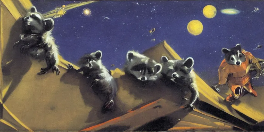 Image similar to raccoons flying across the galaxy, by francis bacon and edward hopper