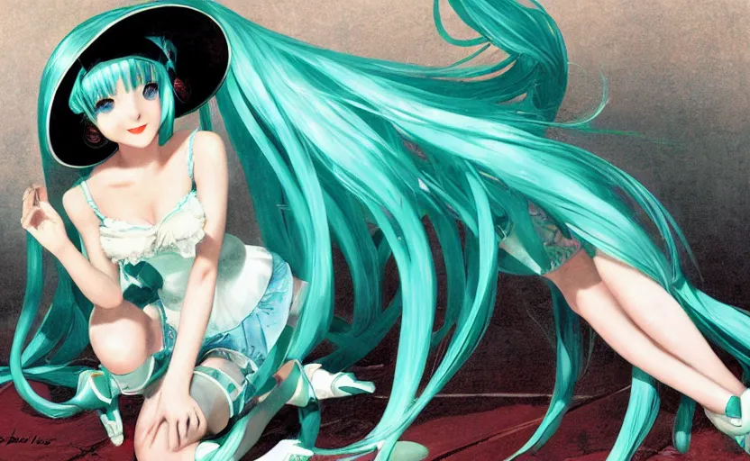 Image similar to Hatsune Miku by Gil Elvgren