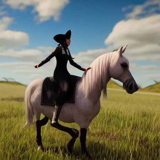 Prompt: The black-haired young witch travels on her horse to the land of dreams, unreal engine 4