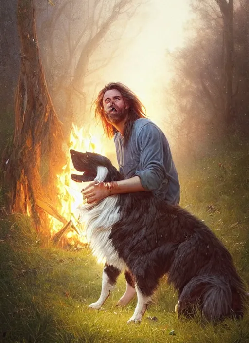 Prompt: highly detailed portrait of long - haired hillbilly around a bonfire with his fluffy australian shepherd, stephen bliss, art by greg rutkowski, loish, rhads, ferdinand knab, makoto shinkai and lois van baarle, artgerm, pixar, ilya kuvshinov, rossdraws, tom bagshaw, global illumination