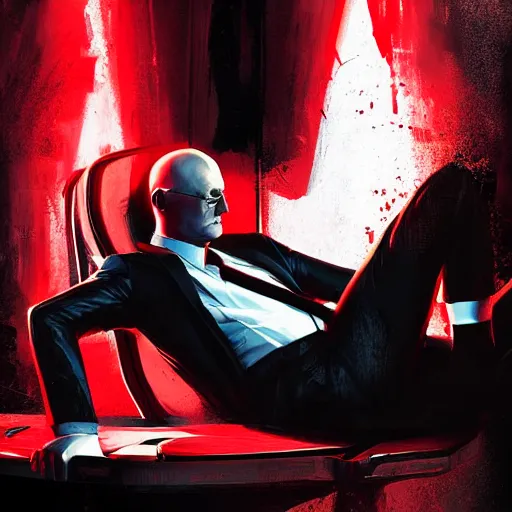 Image similar to a portrait of agent 4 7 laying down listening to music in front of large stereo speakers, black background, red rim light, highly detailed, smooth, sharp focus, art by maciej kuciara