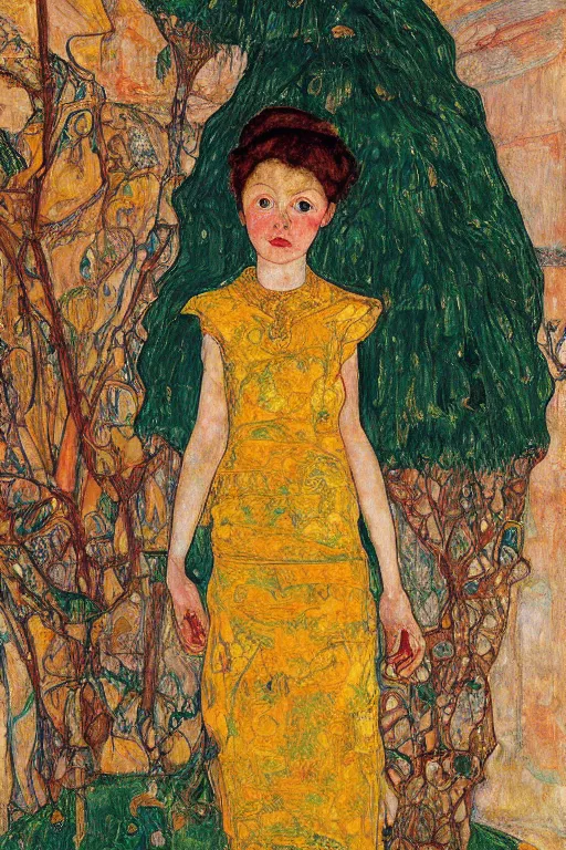 Image similar to girl waer detailed golden arabesque dress with a big tree palm in persian pot, painting by egon schiele