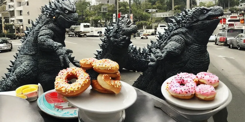 Prompt: godzilla eating donuts, happy friday everyone, funny, happy, silly, funny