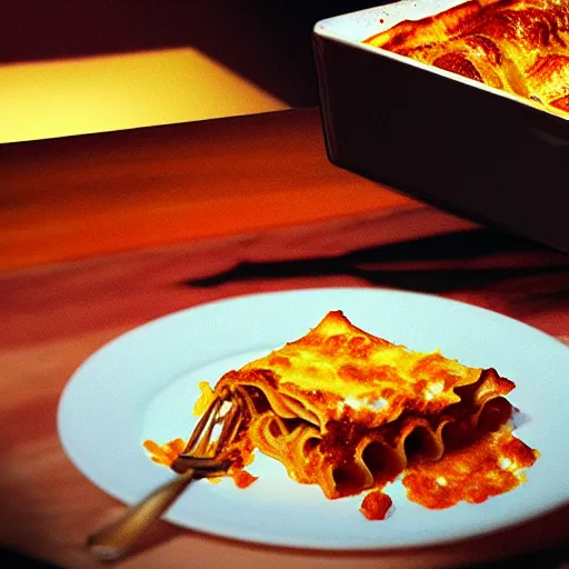 Prompt: photorealistic garfield eating lasagne, atmospheric lighting, details