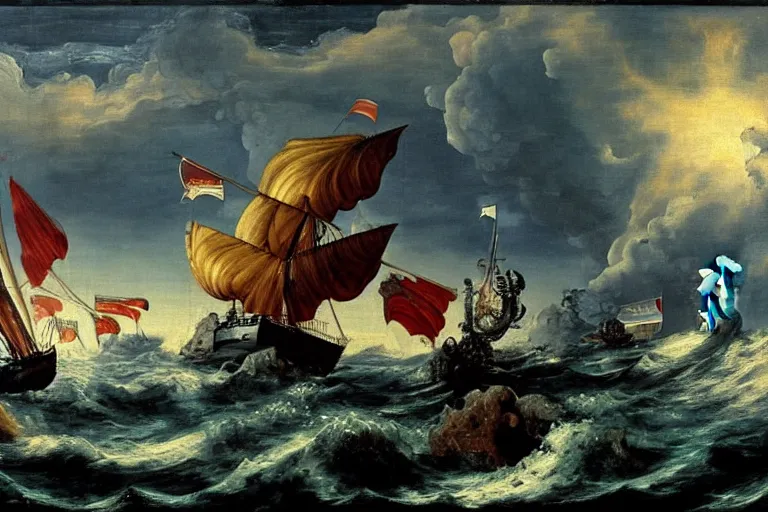 Prompt: A Kraken attacks a ship, Hans Savery the Elder (1626), oil on canvas, detailed brushstrokes