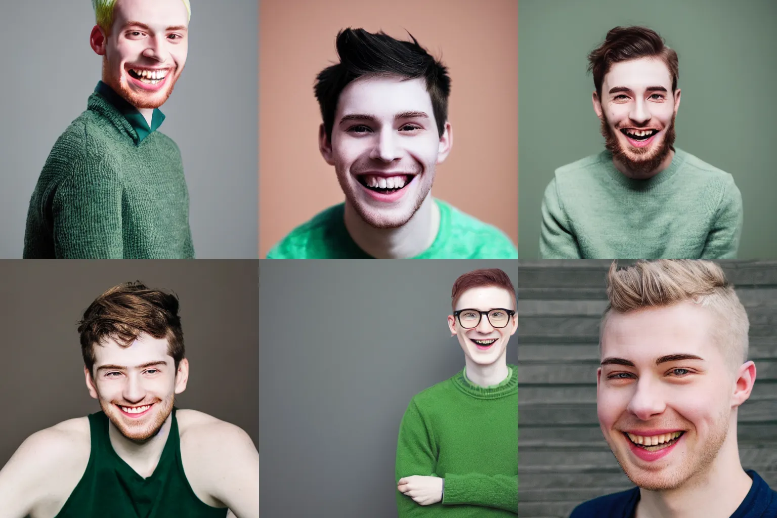 Prompt: a high-quality portrait of a short green-haired man, pale skin, smiling, high quality, in color