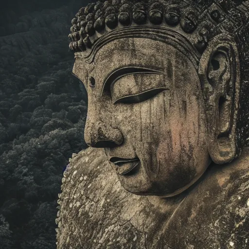 Image similar to huge stone buddha statue on a cliff, rule of thirds, 8 k, moody, water, intense color, highly detailed, dream landscape, wide, cinematic, hyperrealistic, stone, old ruins,