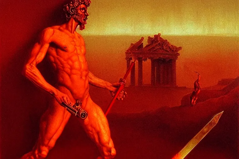 Image similar to only with red, a red melted apollo with a laurel wreath and a flaming sword announce the win, athens in the background, in the style of beksinski, part by hopper, part by rodcenko, part by hofbauer, intricate composition, red by caravaggio, insanely quality, highly detailed, masterpiece, red light, artstation