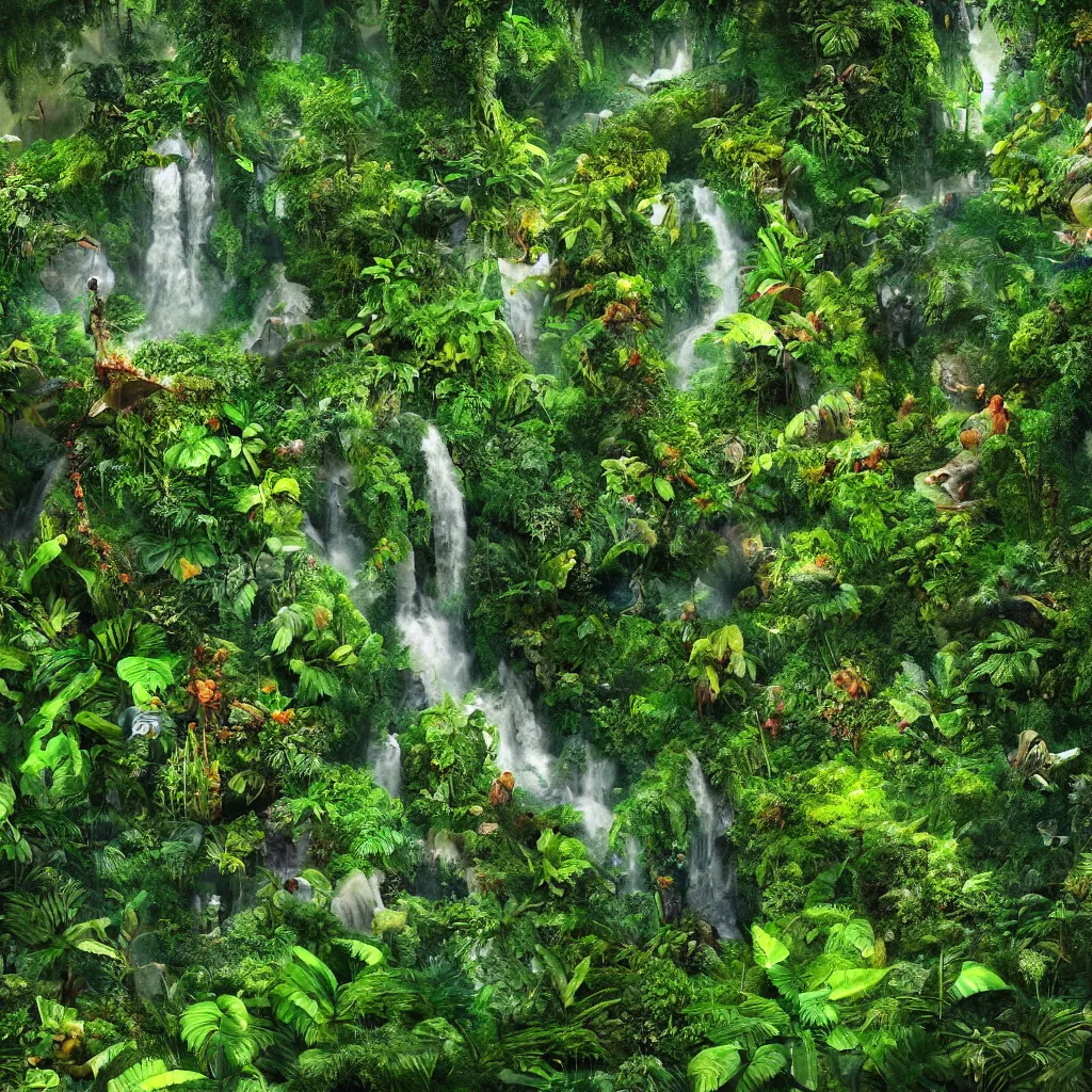 Image similar to a jungle garden in amazon, detailed dreamscape, hyperreal phantastic, drone shot, intricate details in environment, golden ratio, high aestehtic, waterfalls and lakes, cinematic light dramatic light, lightrays, in the style of terrence mallick cinematography, trending on artstation