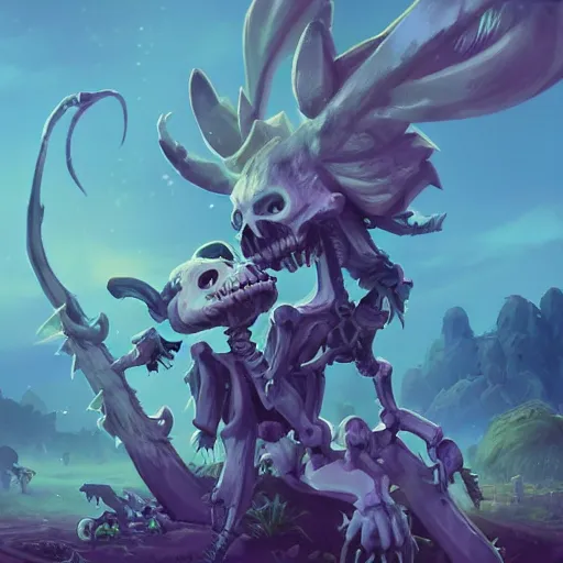 Image similar to cute skeleton animal creatures. hearthstone animal creatures, graveyard background, bright art masterpiece artstation. 8k, sharp high quality artwork in style of Jose Daniel Cabrera Pena and Greg Rutkowski, violet theme, concept art by Tooth Wu, hearthstone card game artwork