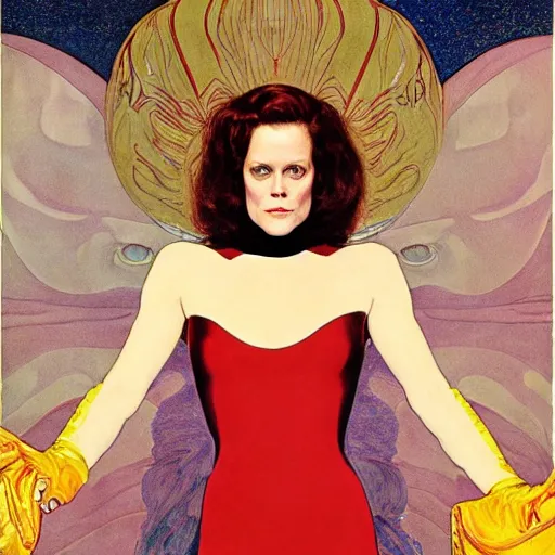 Image similar to portrait by joshua middleton of the young actress, sigourney weaver as ming the merciless, archenemy of flash gordon, saviour of the universe, klimt, mucha, 1 9 7 0 s poster,