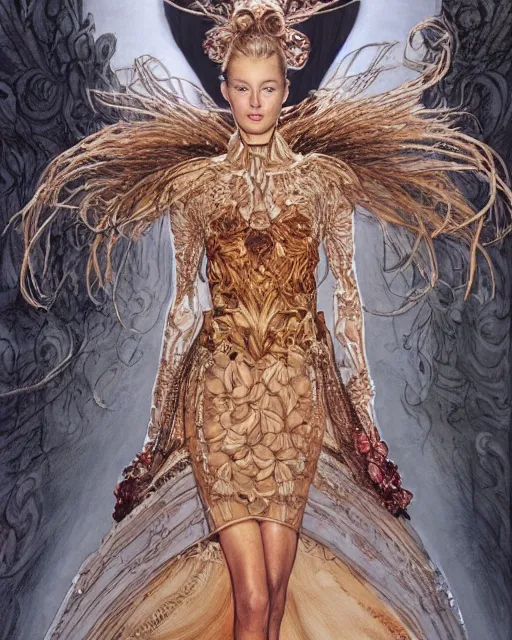 Image similar to fashion model walking down a catwalk, elaborate dress by alexander mcqueen, detailed face, beautiful feminine face, art by michael whelan and chris moore and howard david johnson and tim white and dan giancola