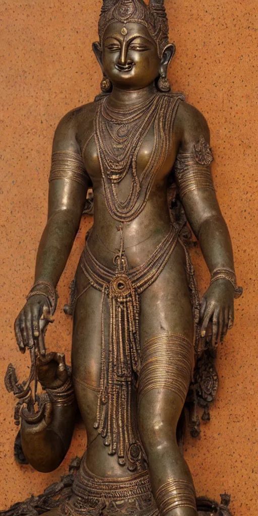 Image similar to detailed photo of an old bronze patina statue of lakshmi indian godess, full body portrait, photorealism, intricate detail, museum diffuse lighting