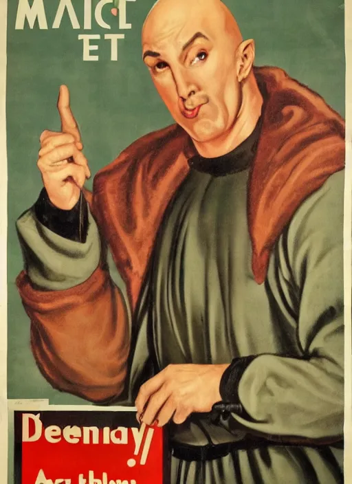 Prompt: portrait of glamorous bald medieval man with annoyed gesture, 1940s propaganda poster, full hd,highly detailed