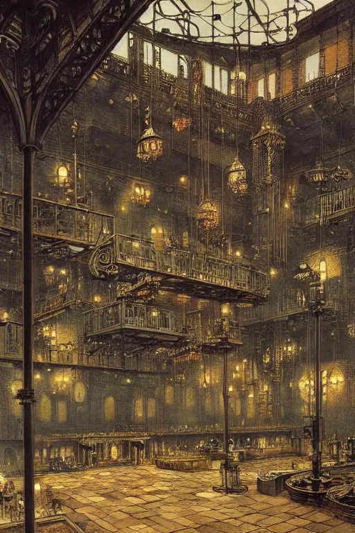 Image similar to beautiful matte steampunk large room filled with steampipes and valves fantasy scene ultra detail by john atkinson grimshaw