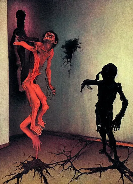 Prompt: two dark figures laughing and a black child inside a decayed contemporary living room with large tree in the style of Francis Bacon and Zdzislaw Beksinski, Edward Hopper and Norman Rockwell, highly detailed, very coherent, triadic color scheme