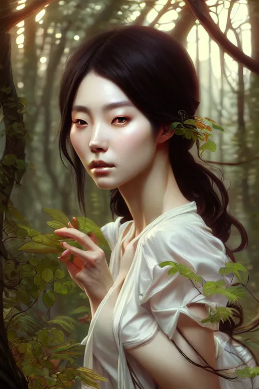 Image similar to beautiful digital painting of a hoyeon jung as a stylish female forest with high detail, 8 k, stunning detail, works by artgerm, greg rutkowski and alphonse mucha, unreal engine 5, 4 k uhd