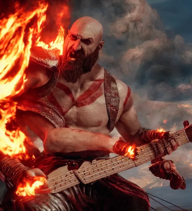 Image similar to raging kratos shredding on a flaming stratocaster guitar, cinematic render, god of war 2 0 1 8, santa monica studio official media, lightning, stripe over eye