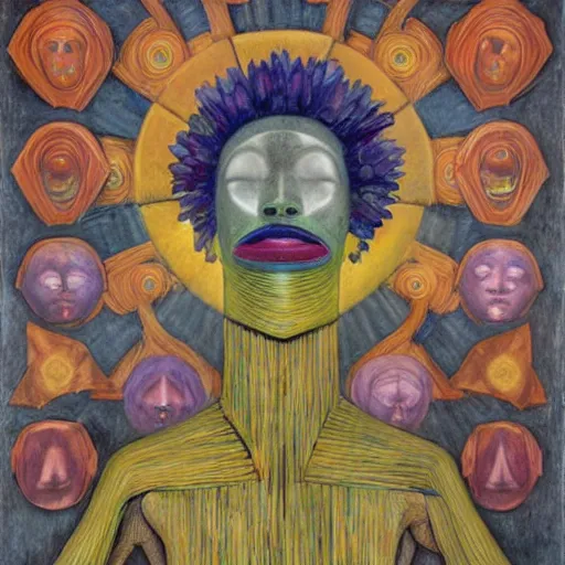 Image similar to portrait of a robot wearing a facemask made of flowers, by annie swynnerton and jean delville and rufino tamayo and edward hopper and evelyn de morgan, art deco flower shaman, art brut, outsider art, symbolist, dramatic lighting, god rays, elaborate geometric ornament, clean crisp graphics, smooth sharp focus, extremely detailed, adolf wolfli