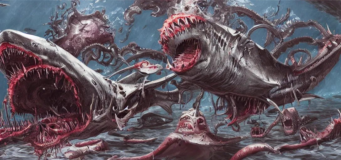 Image similar to concept art of shark attack, lovecraftian, lots of teeth, melting horror, fighting the horrors of the unknown with laser guns