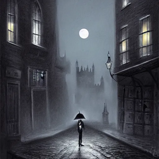 Image similar to jack the ripper lurking in a dark alleyway, one point perspective, full moon, foggy night, black alley cat, cobblestone road, stone arch, big ben, digital painting, hyperrealistic, macabre, spooky, trending on artstation