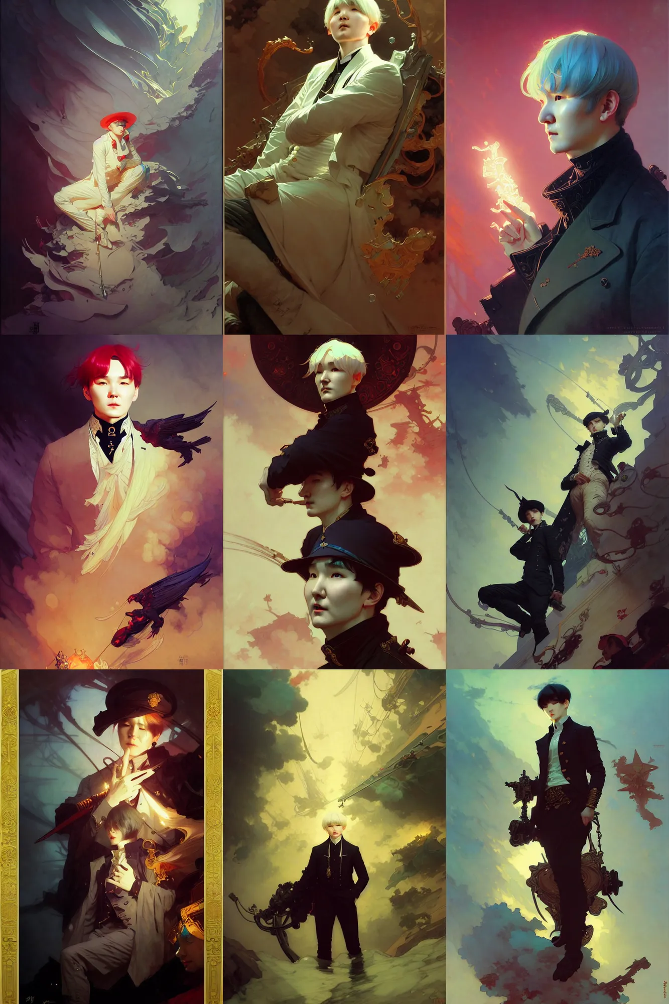 Prompt: min yoongi, art by joseph leyendecker, peter mohrbacher, ivan aivazovsky, ruan jia, reza afshar, marc simonetti, alphonse mucha