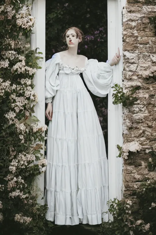 Prompt: a beautiful portrait photography of a female in beautiful dress standing by the white door ， by monia merlo, full body, fashion, romanticism, flowers, modern. model.