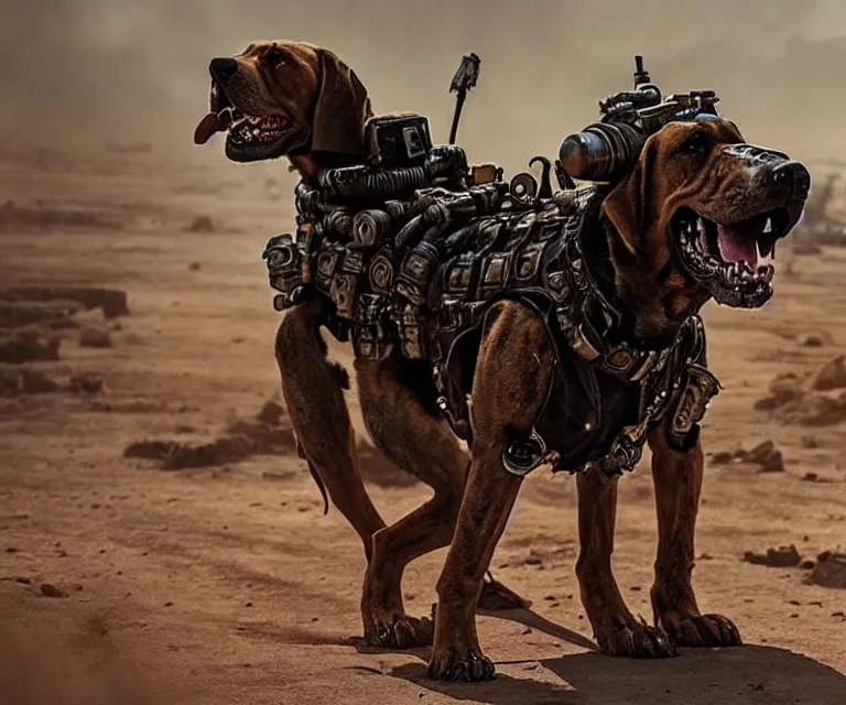 Image similar to a good ol'bloodhound dog fursona ( from the furry fandom ), heavily armed and armored facing down armageddon in a dark and gritty version from the makers of mad max : fury road. witness me.