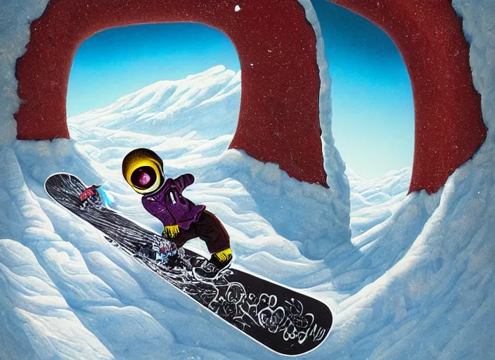 Image similar to a snowboard downhill with a portal to another dimension on the end, lowbrow, matte painting, 3 - d highly detailed, in the style of mark ryden,