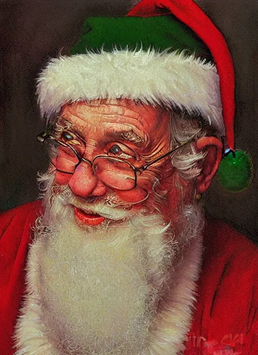 Prompt: high quality high detail painting by norman rockwell, hd, close up portrait, santa clause, muted pastel colors, photorealistic lighting