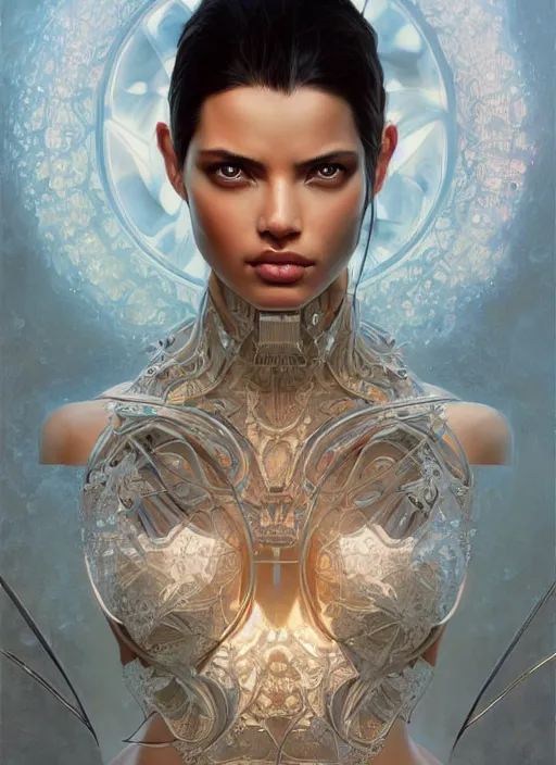 Image similar to symmetry!! adriana lima, machine parts embedded into face, intricate, elegant, highly detailed, digital painting, artstation, concept art, smooth, sharp focus, illustration, art by artgerm and greg rutkowski and alphonse mucha, 8 k