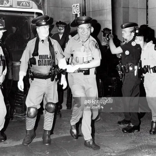 Prompt: Ronald McDonald being arrested in an early morning raid by the FBI