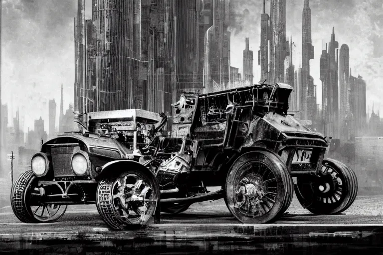 Image similar to cyberpunk 1 9 0 8 model ford t by paul lehr, metropolis, vintage, robotic, black and white photo